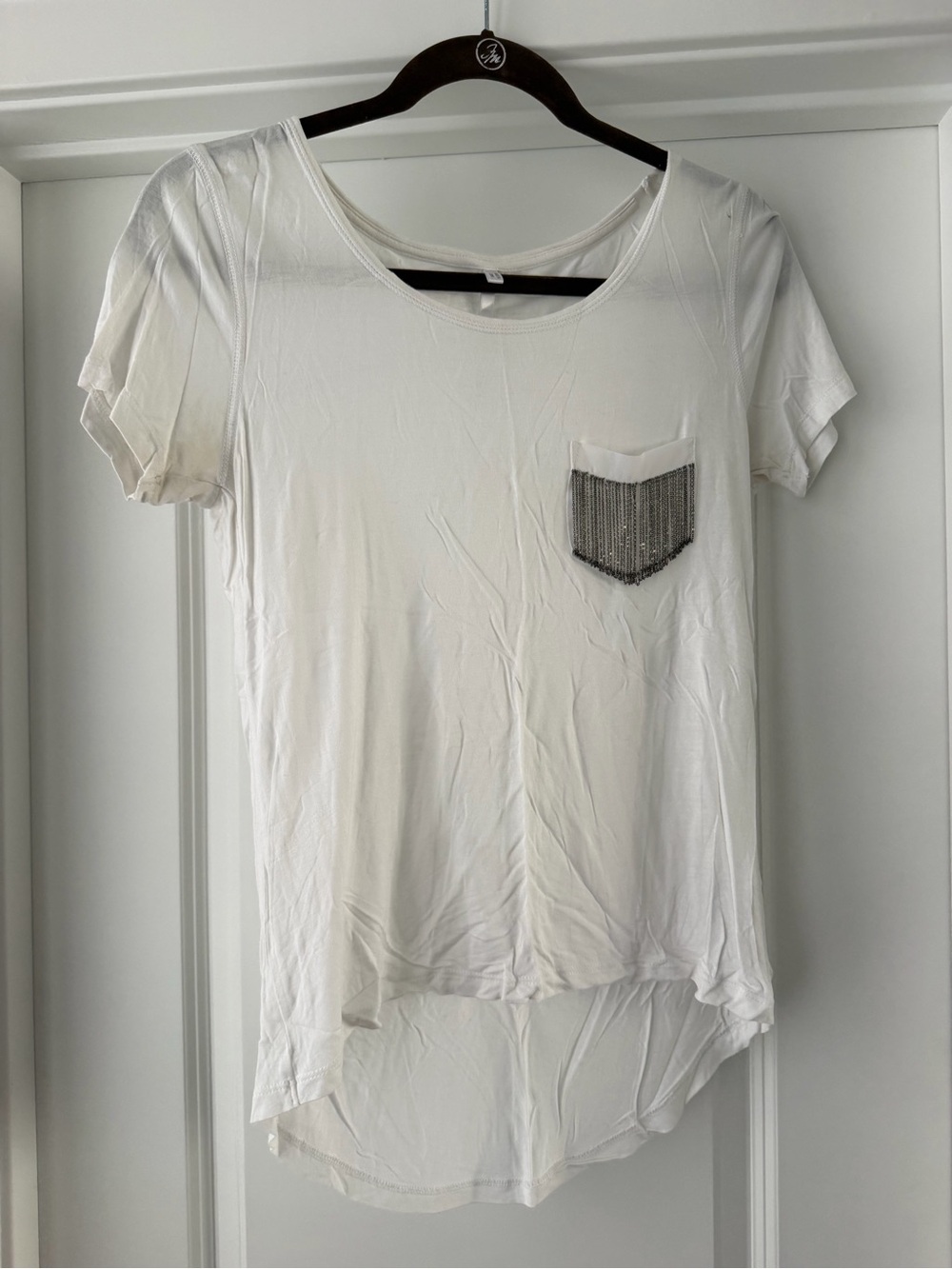Karen Millen White Short-Sleeve Scoop Neck Tee with Beaded Pocket